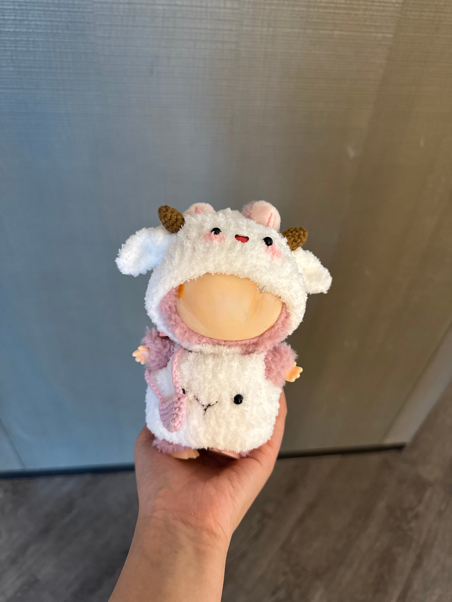 Clothes for Labubu Lamb Knit Set - Hand-Knit Cream Romper + Adorable Sheep Hood (Fits 17cm / 6.69" Dolls)