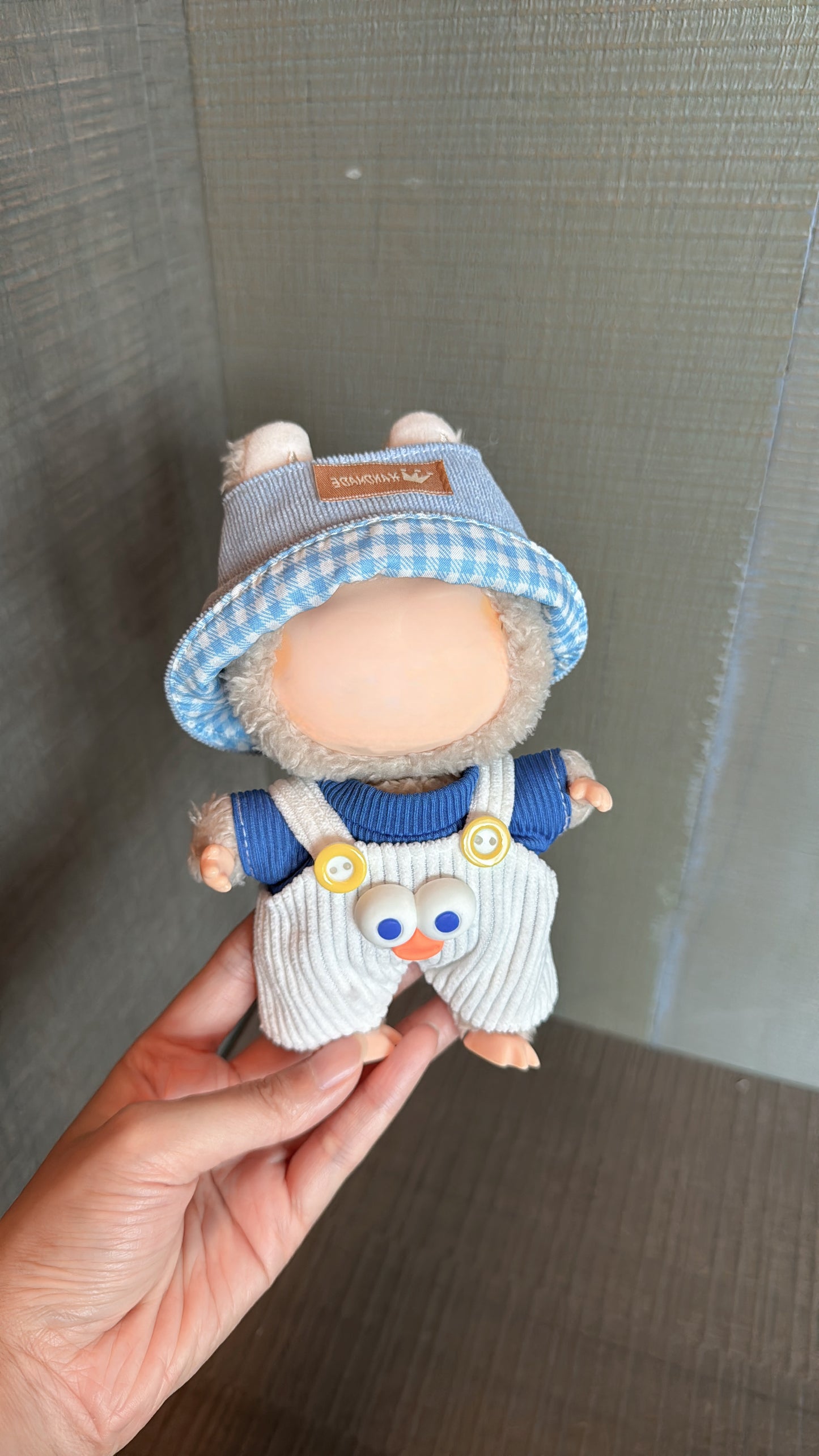 Cute Labubu Outfit: Sky Blue Shirt, White Overalls & Light Blue Gingham Hat Thematic & Stylish (Brand Storytelling)