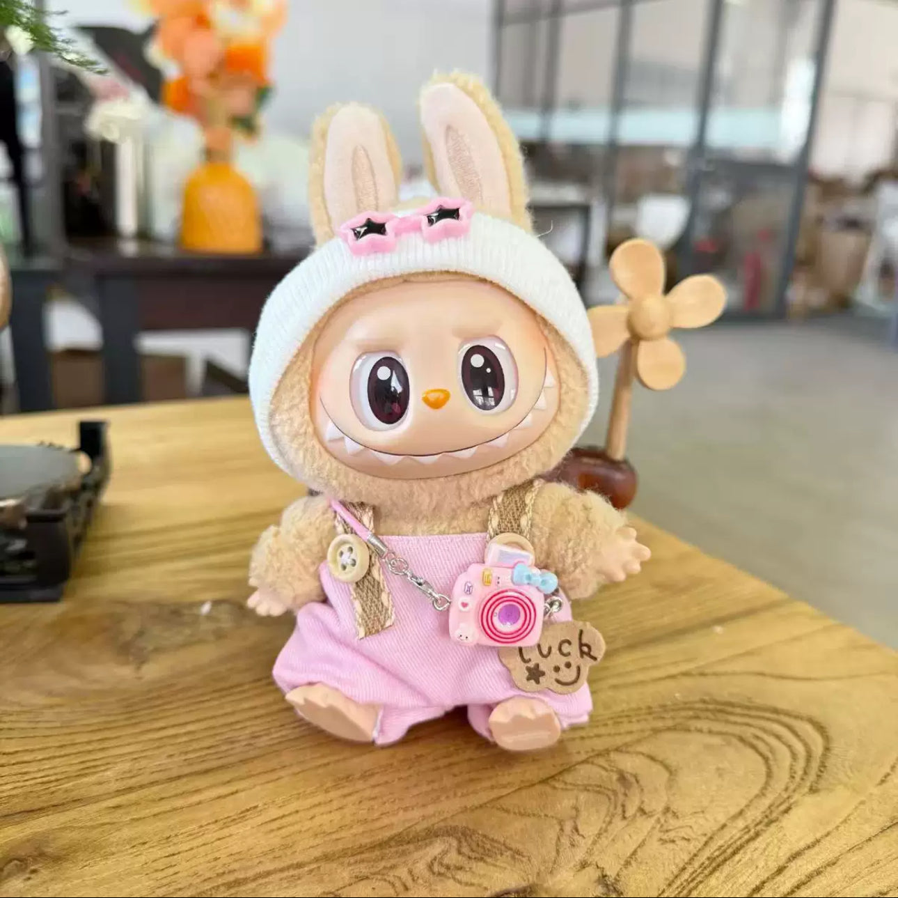 Sweet Creamy Yellow Overalls + Star Headpiece + Vintage Camera Set for 17cm Labubu Doll