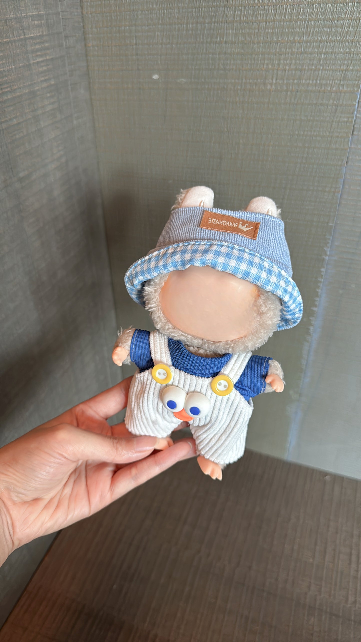 Cute Labubu Outfit: Sky Blue Shirt, White Overalls & Light Blue Gingham Hat Thematic & Stylish (Brand Storytelling)