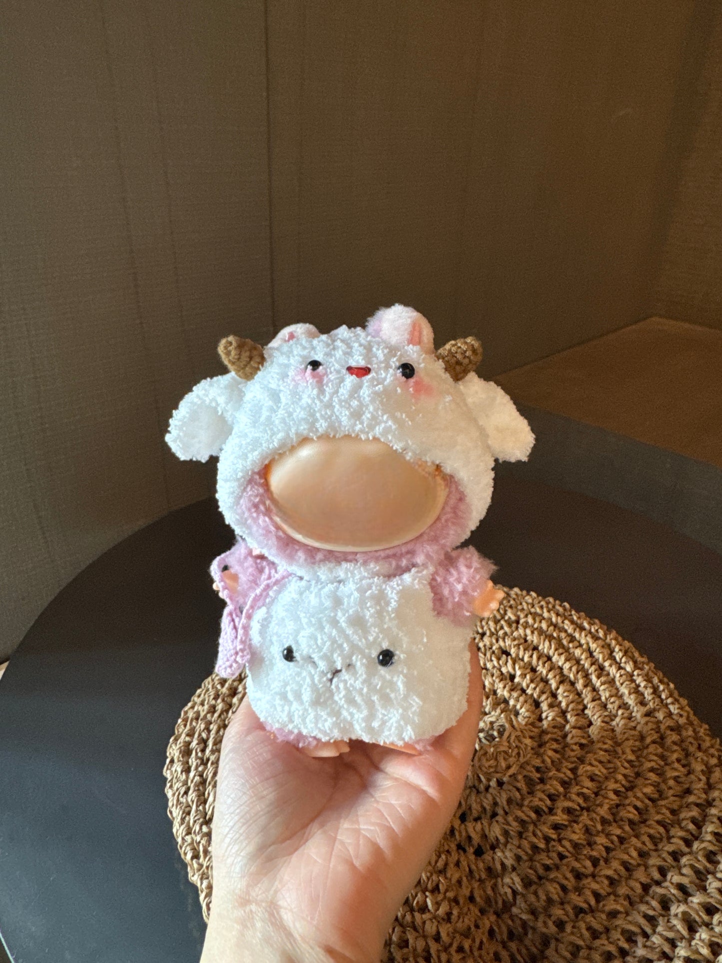 Clothes for Labubu Lamb Knit Set - Hand-Knit Cream Romper + Adorable Sheep Hood (Fits 17cm / 6.69" Dolls)