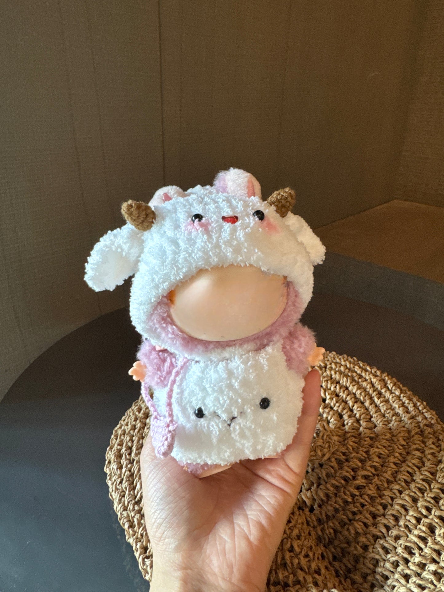Clothes for Labubu Lamb Knit Set - Hand-Knit Cream Romper + Adorable Sheep Hood (Fits 17cm / 6.69" Dolls)