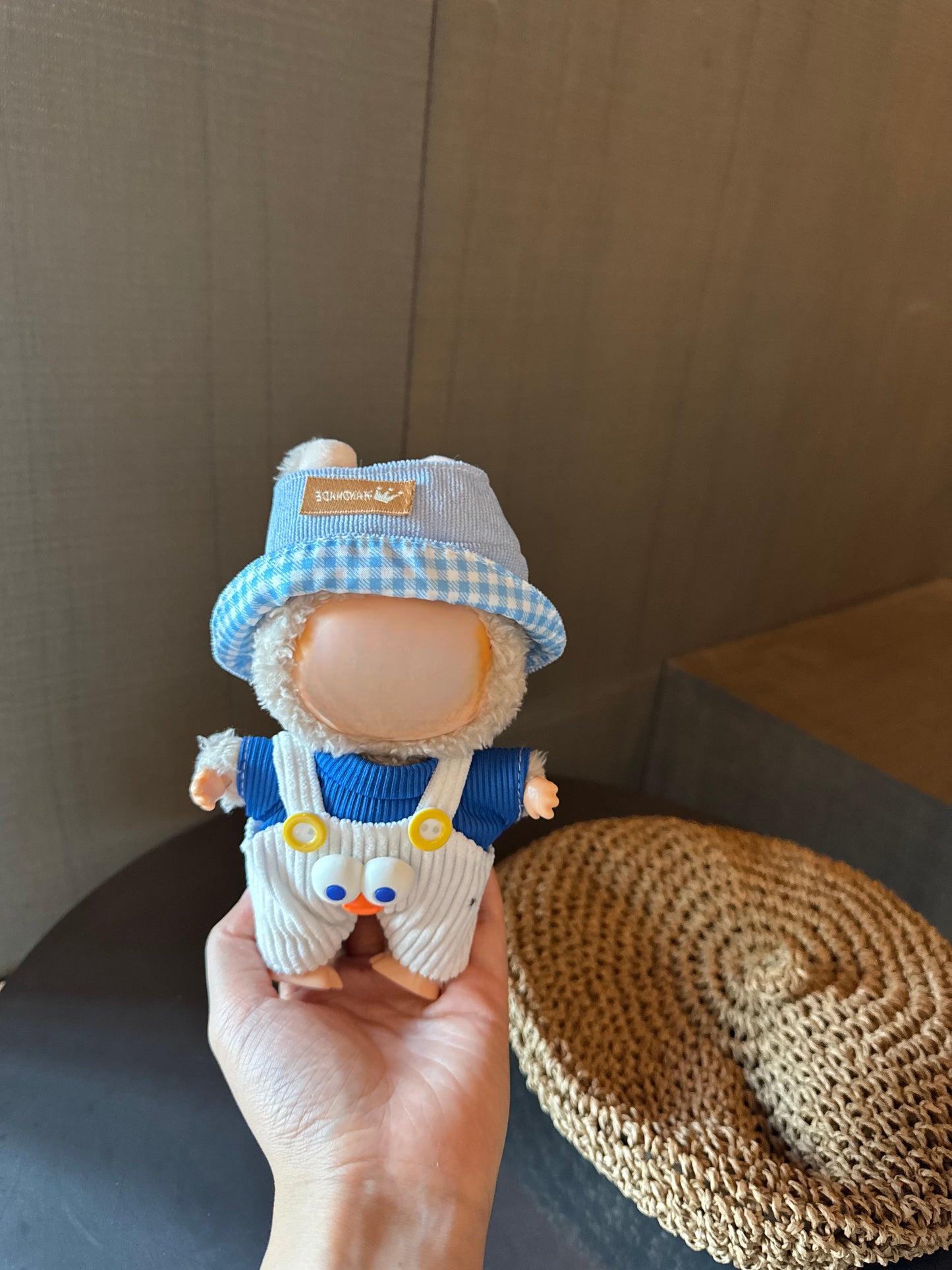 Cute Labubu Outfit: Sky Blue Shirt, White Overalls & Light Blue Gingham Hat Thematic & Stylish (Brand Storytelling)