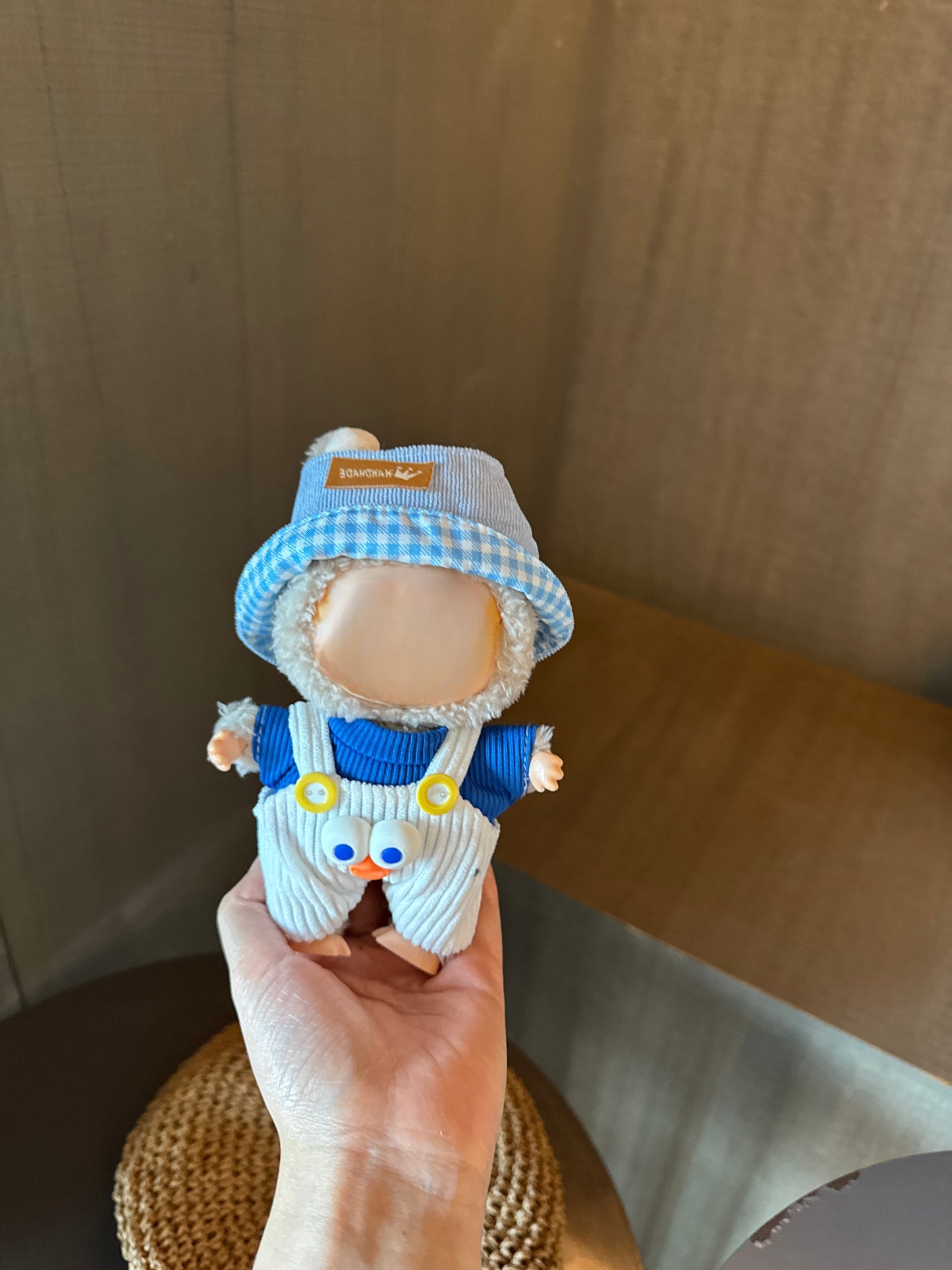 Cute Labubu Outfit: Sky Blue Shirt, White Overalls & Light Blue Gingham Hat Thematic & Stylish (Brand Storytelling)