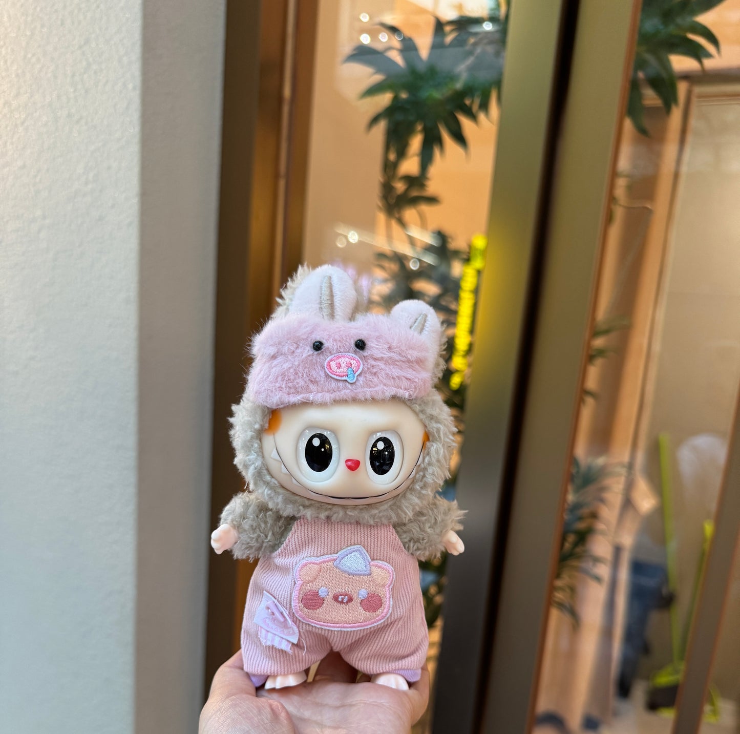 Kawaii Piggy Paradise Set: Plush Pink Hood + Corduroy Overalls for 17cm Labubu