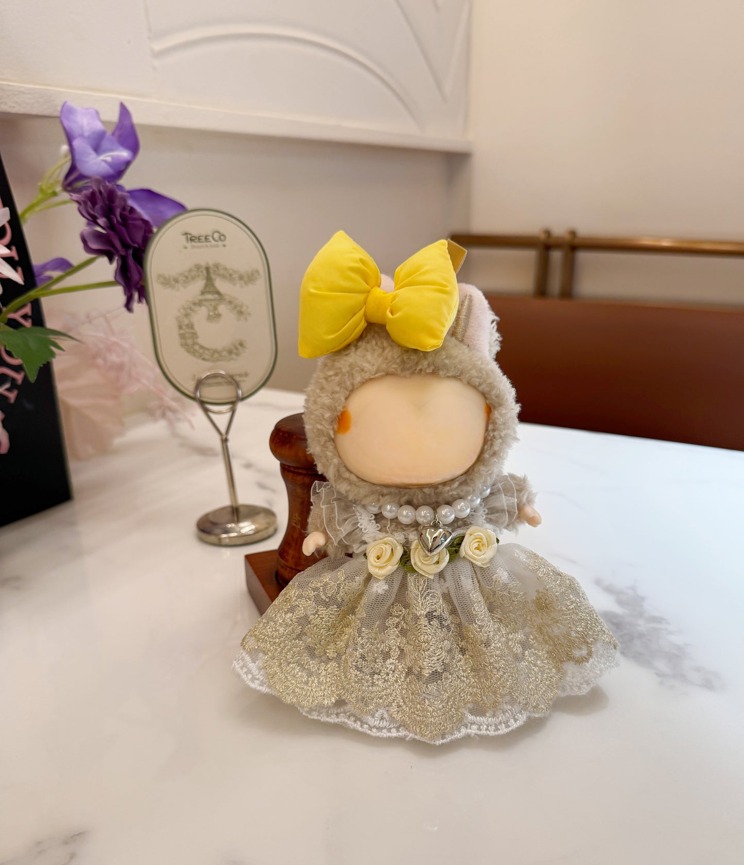 Labubu Sunshine Garden Dress Set - White & Yellow Tulle Puffy Dress, Bow Headband, Pearl Necklace