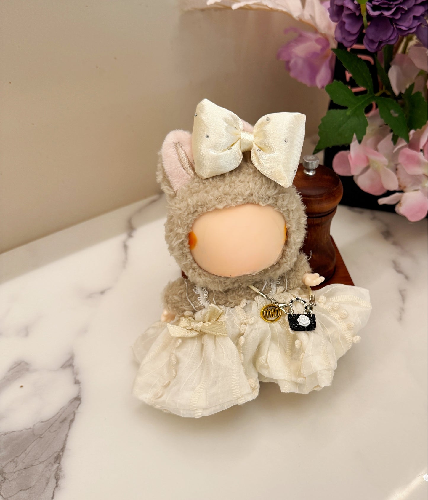 Labubu Princess Puffy Dress Set - White Puff Sleeve Dress, Bow Headband & Mini Quilted Purse