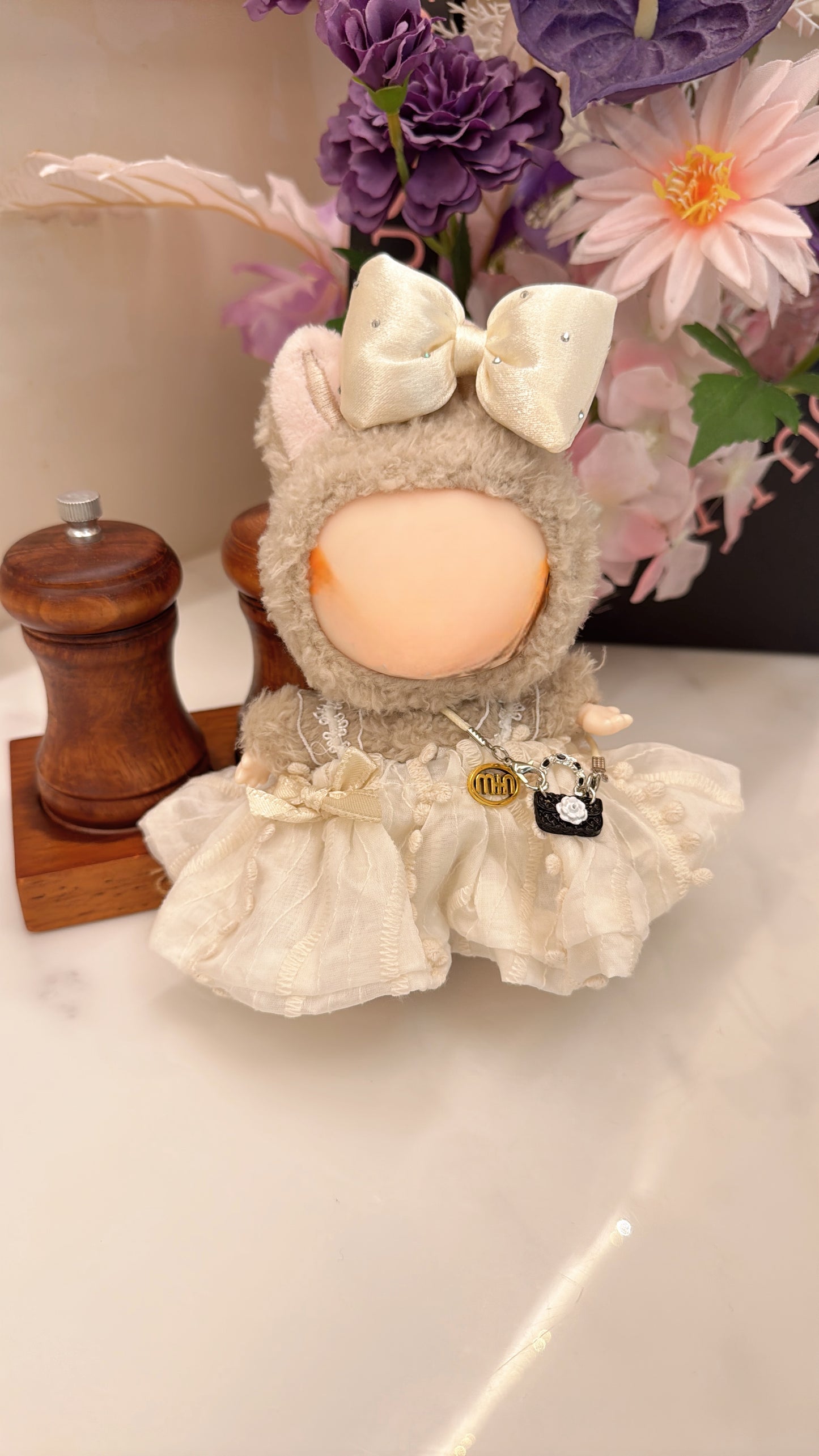Labubu Princess Puffy Dress Set - White Puff Sleeve Dress, Bow Headband & Mini Quilted Purse