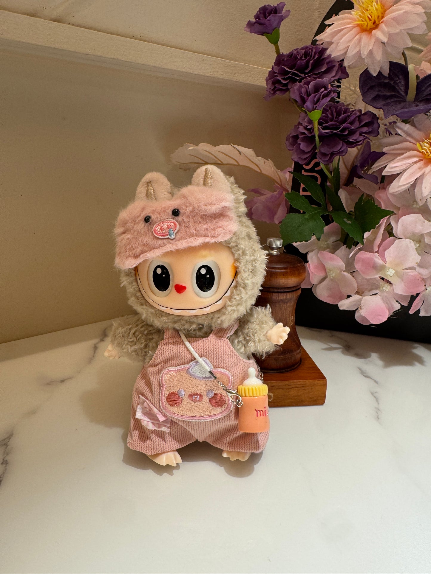 Kawaii Piggy Paradise Set: Plush Pink Hood + Corduroy Overalls for 17cm Labubu