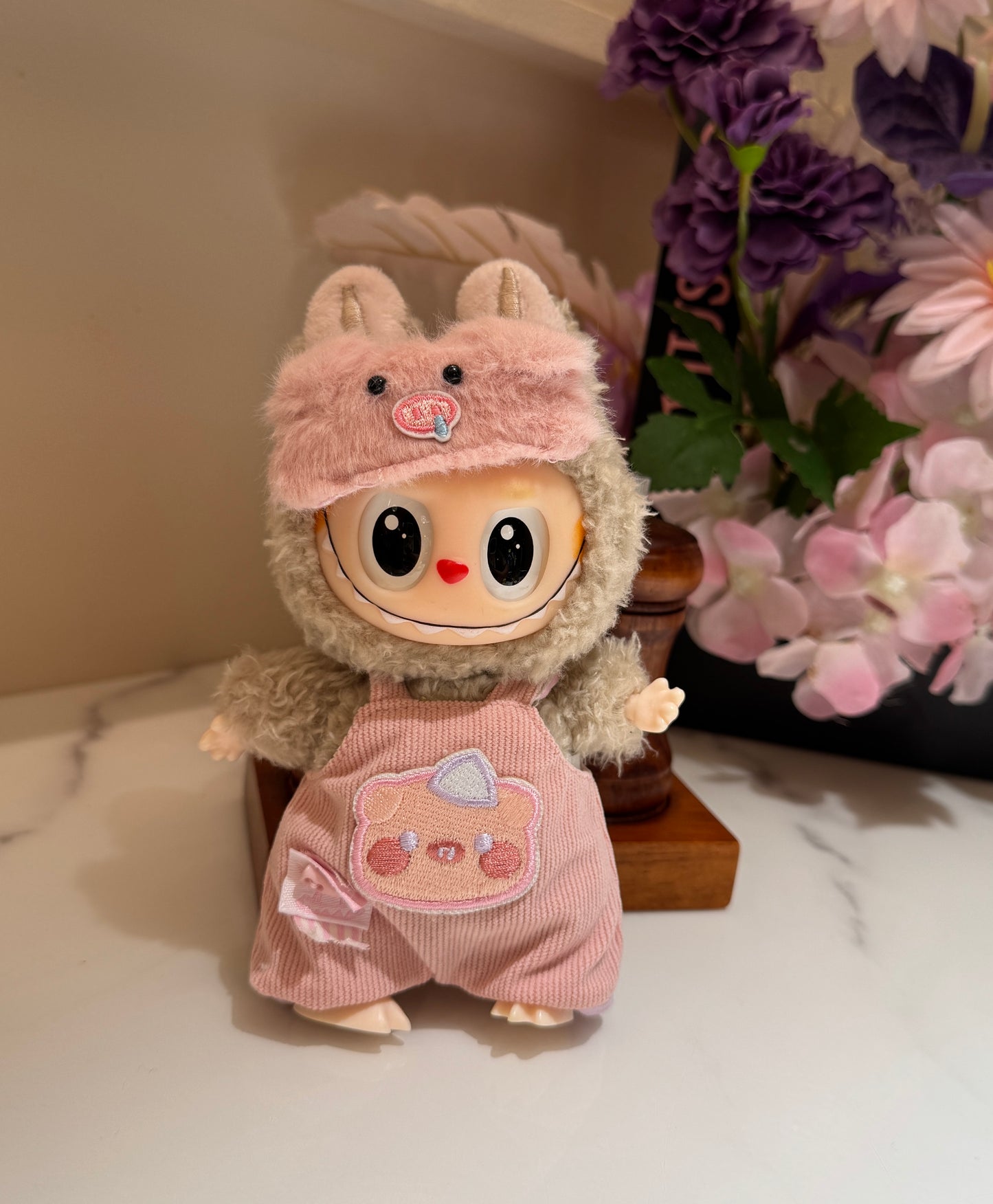 Kawaii Piggy Paradise Set: Plush Pink Hood + Corduroy Overalls for 17cm Labubu