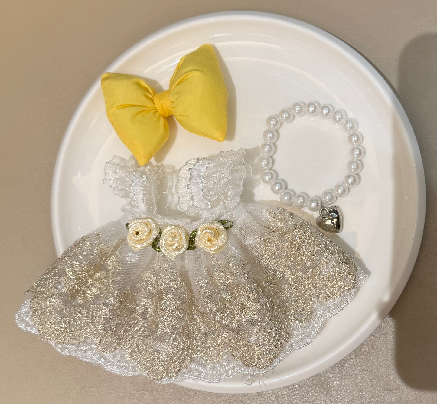 Labubu Sunshine Garden Dress Set - White & Yellow Tulle Puffy Dress, Bow Headband, Pearl Necklace