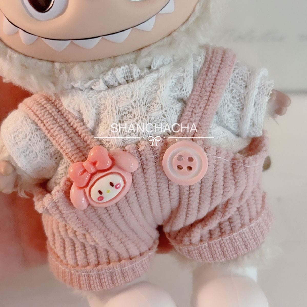 Vintage Sweetheart Set: Pink Corduroy Overalls + Cream Lace Top + Dotty Bow Clip for 17cm Labubu