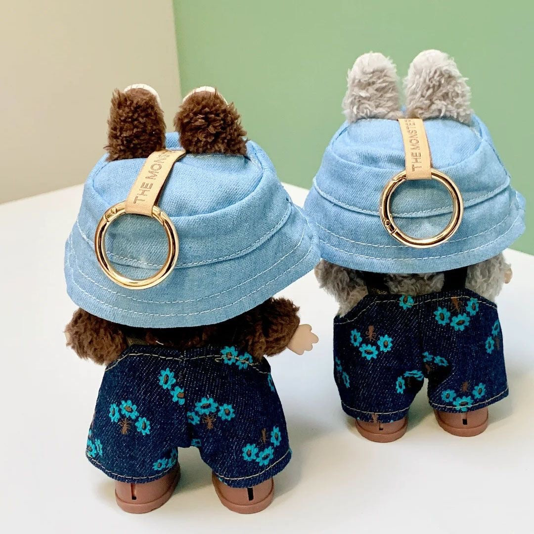 17cm Labubu Denim Overalls Set: Jeans + Shoes + Glasses Chain + Bucket Hat (Doll Clothing and Accessories - Doll Not Included)