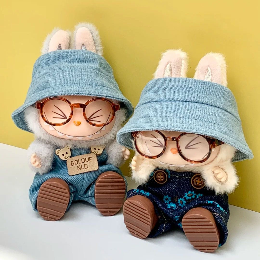 17cm Labubu Denim Overalls Set: Jeans + Shoes + Glasses Chain + Bucket Hat (Doll Clothing and Accessories - Doll Not Included)
