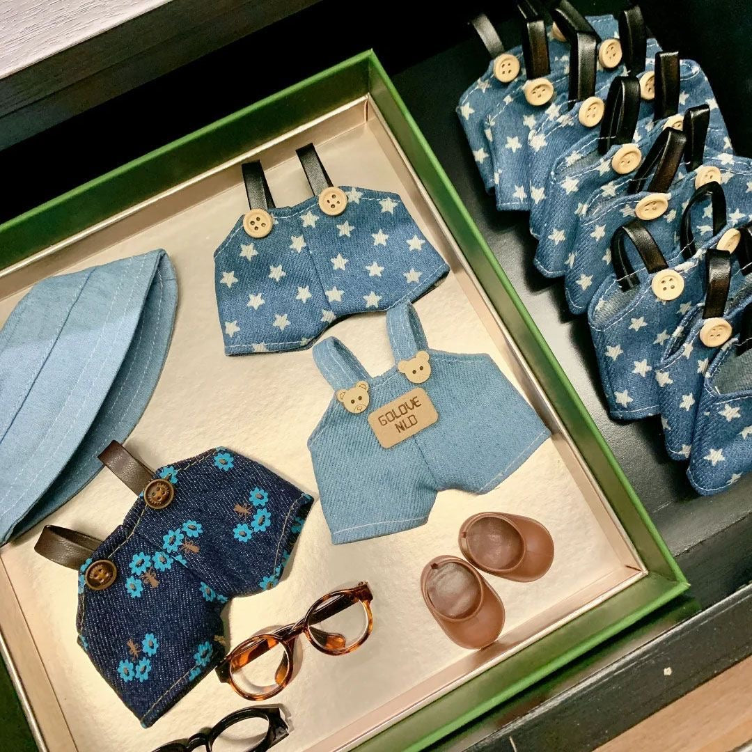 17cm Labubu Denim Overalls Set: Jeans + Shoes + Glasses Chain + Bucket Hat (Doll Clothing and Accessories - Doll Not Included)