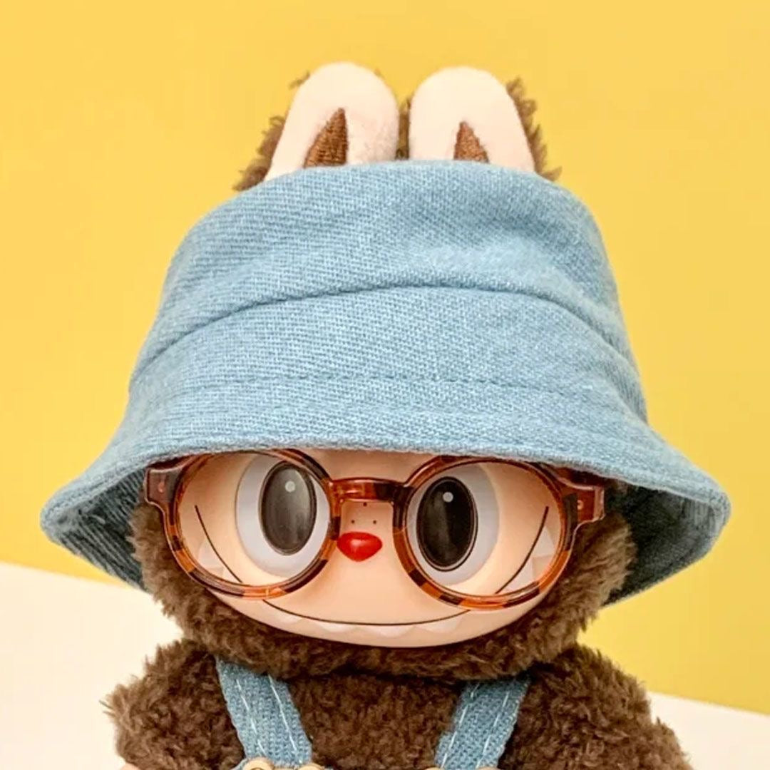 17cm Labubu Denim Overalls Set: Jeans + Shoes + Glasses Chain + Bucket Hat (Doll Clothing and Accessories - Doll Not Included)
