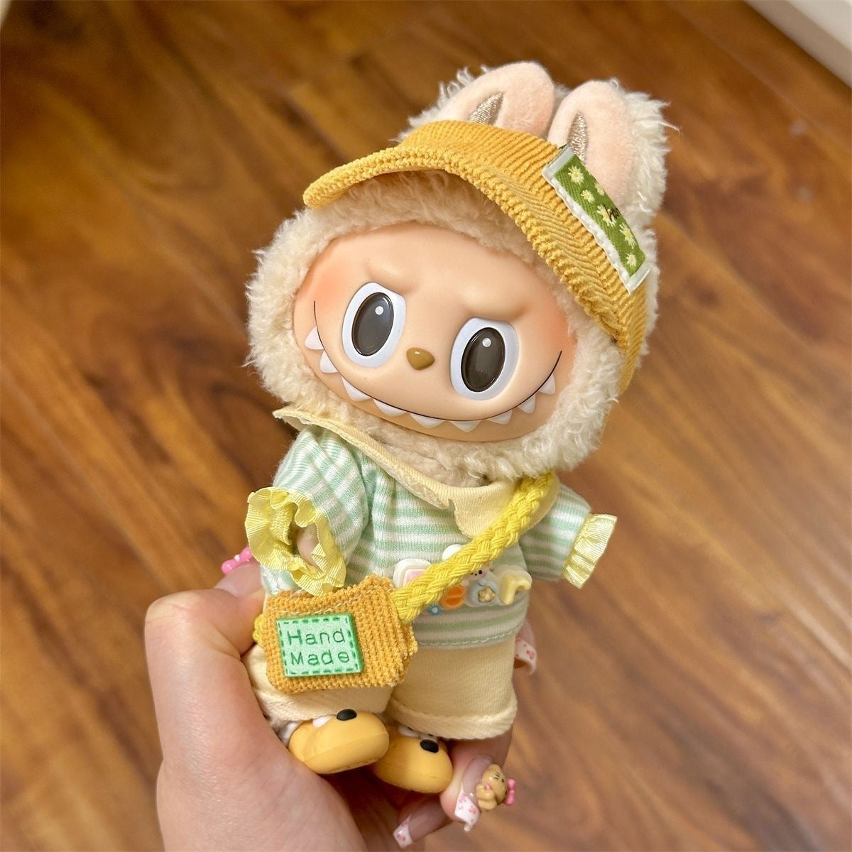 Stripe & Sweet Cream Set: Knit Dress + Trousers + Handmade Bag + Corduroy Hat for 17cm Labubu