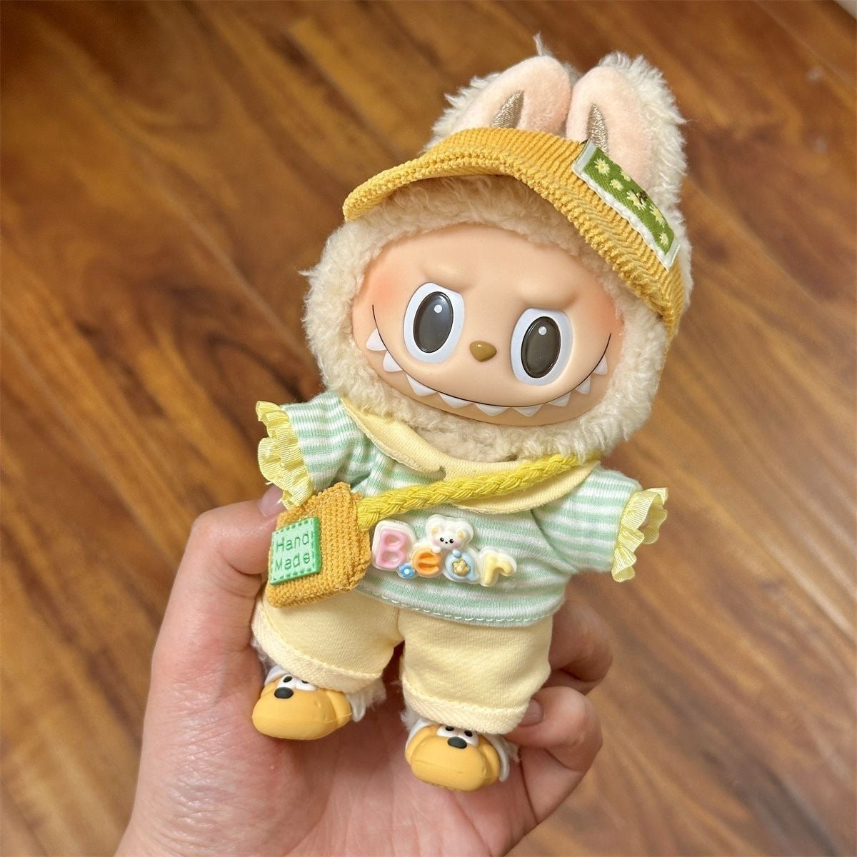 Stripe & Sweet Cream Set: Knit Dress + Trousers + Handmade Bag + Corduroy Hat for 17cm Labubu