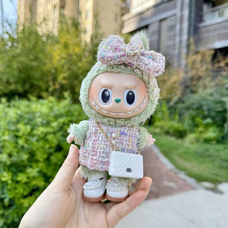 Chanel-Inspired Tweed Set for 17cm Labubu - Camellia Dress + Bow + Purse (Luxury Doll Couture)