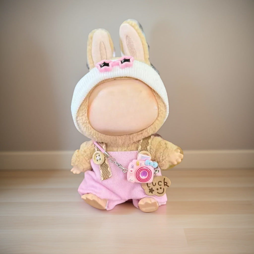 Sweet Creamy Yellow Overalls + Star Headpiece + Vintage Camera Set for 17cm Labubu Doll