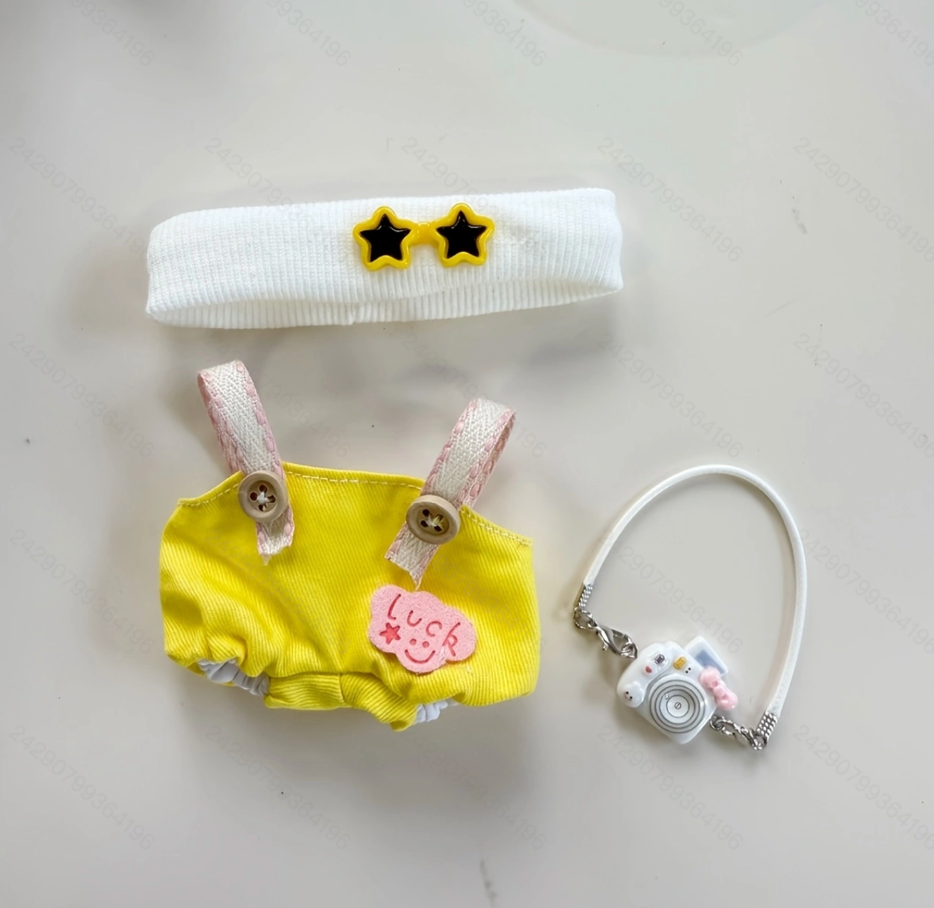 Sweet Creamy Yellow Overalls + Star Headpiece + Vintage Camera Set for 17cm Labubu Doll