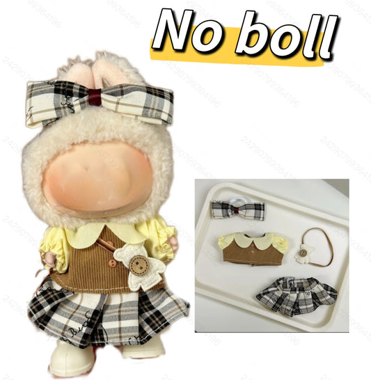 Labubu Preppy Chic Outfit Set - Flowy Chiffon Blouse + Tartan Pleated Skirt for 17cm Dolls