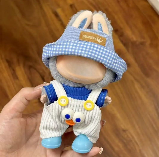 Cute Labubu Outfit: Sky Blue Shirt, White Overalls & Light Blue Gingham Hat  Thematic & Stylish (Brand Storytelling)