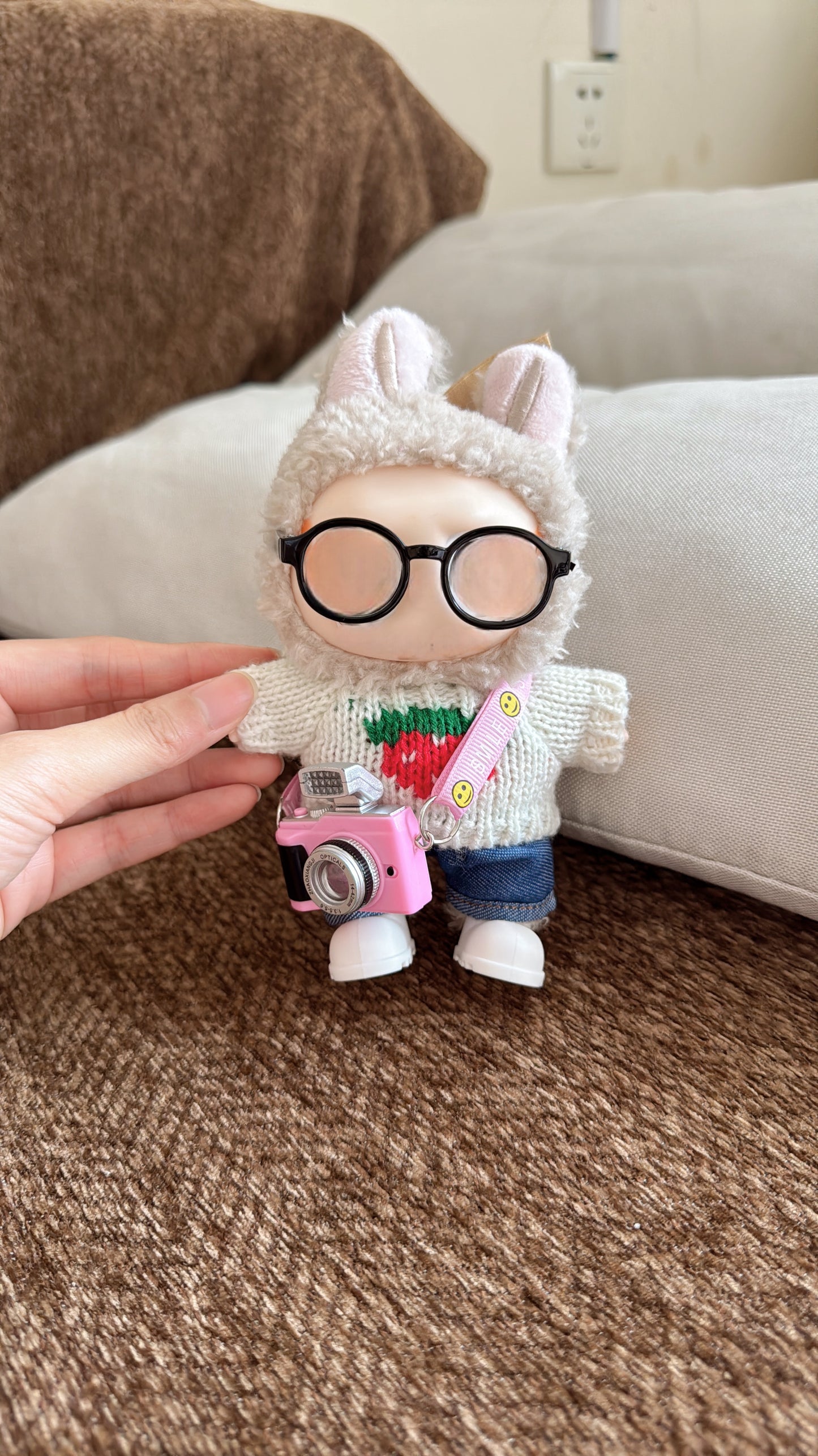 Labubu Doll Cozy Set: Cream Knit Sweater, Jeans, Glasses & Pink Camera