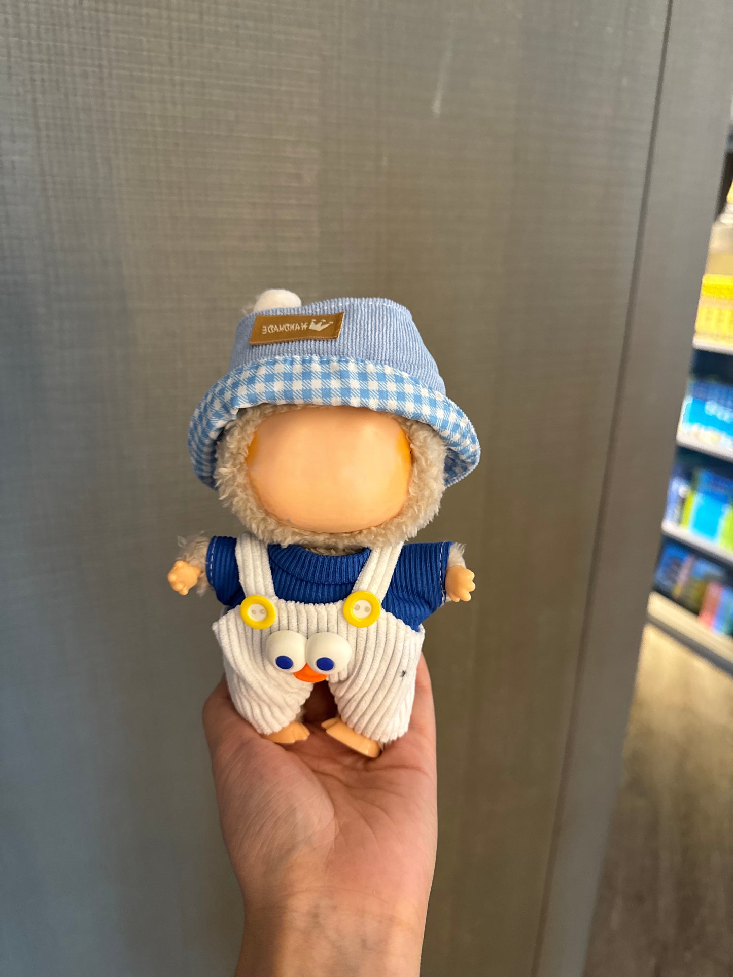 Cute Labubu Outfit: Sky Blue Shirt, White Overalls & Light Blue Gingham Hat  Thematic & Stylish (Brand Storytelling)