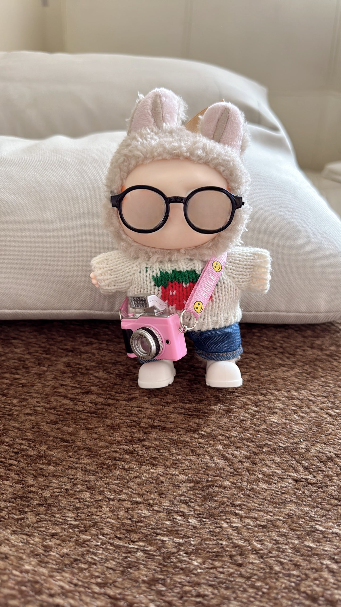 Labubu Doll Cozy Set: Cream Knit Sweater, Jeans, Glasses & Pink Camera
