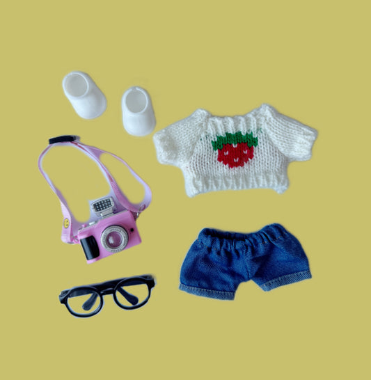 Labubu Doll Cozy Set: Cream Knit Sweater, Jeans, Glasses & Pink Camera