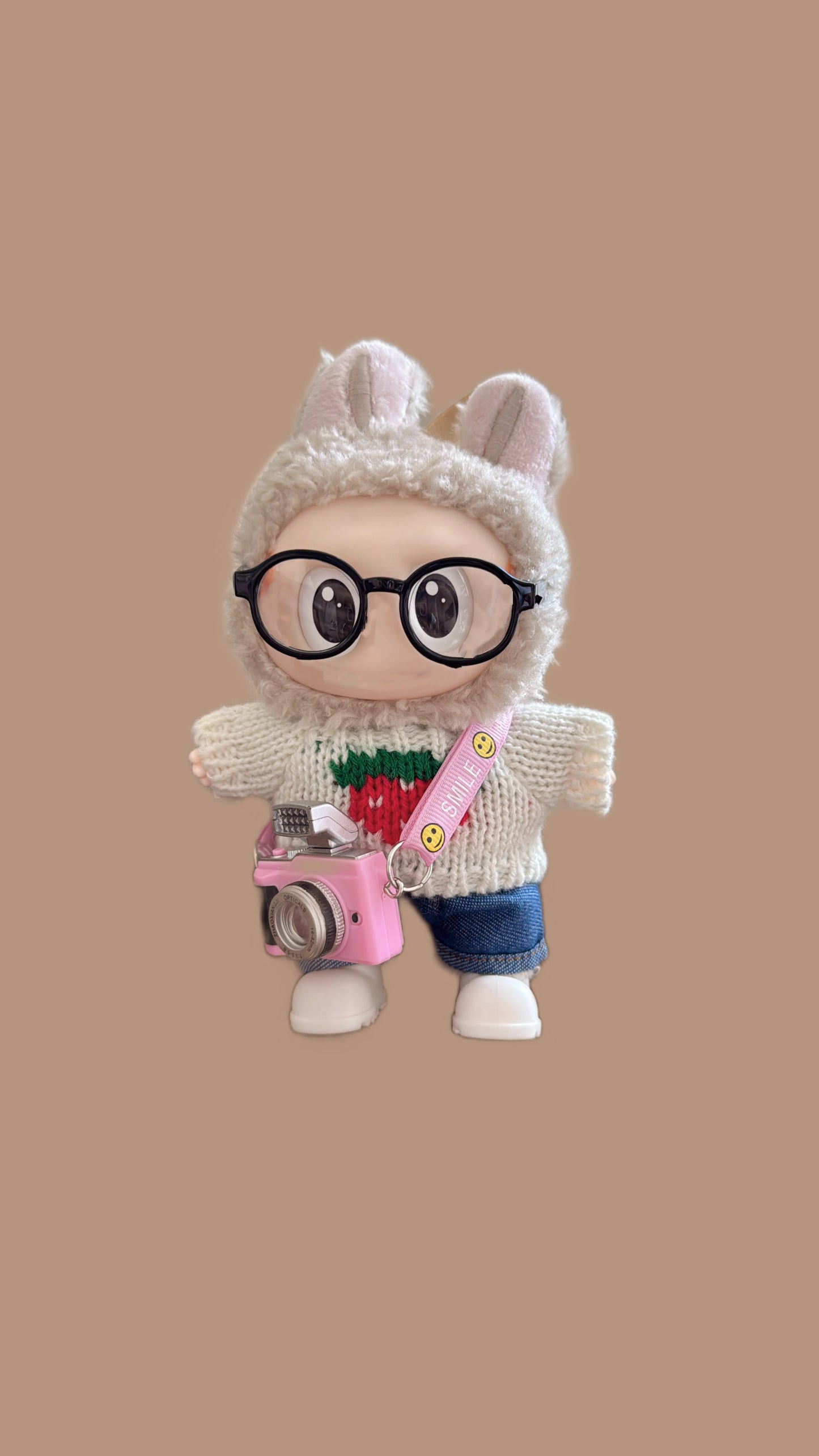 Labubu Doll Cozy Set: Cream Knit Sweater, Jeans, Glasses & Pink Camera