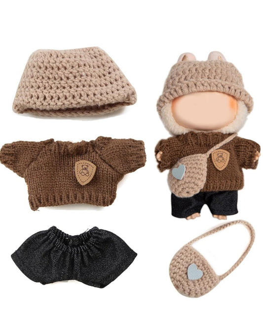 Product Name: Cozy Winter Knit Set for 17cm Labubu - 4-Piece Outfit (Sweater + Jeans + Hat + Bag)