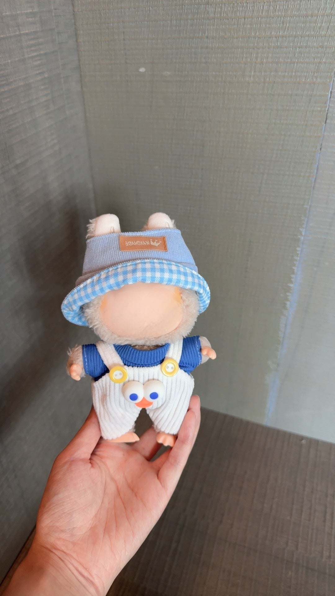 Cute Labubu Outfit: Sky Blue Shirt, White Overalls & Light Blue Gingham Hat  Thematic & Stylish (Brand Storytelling)