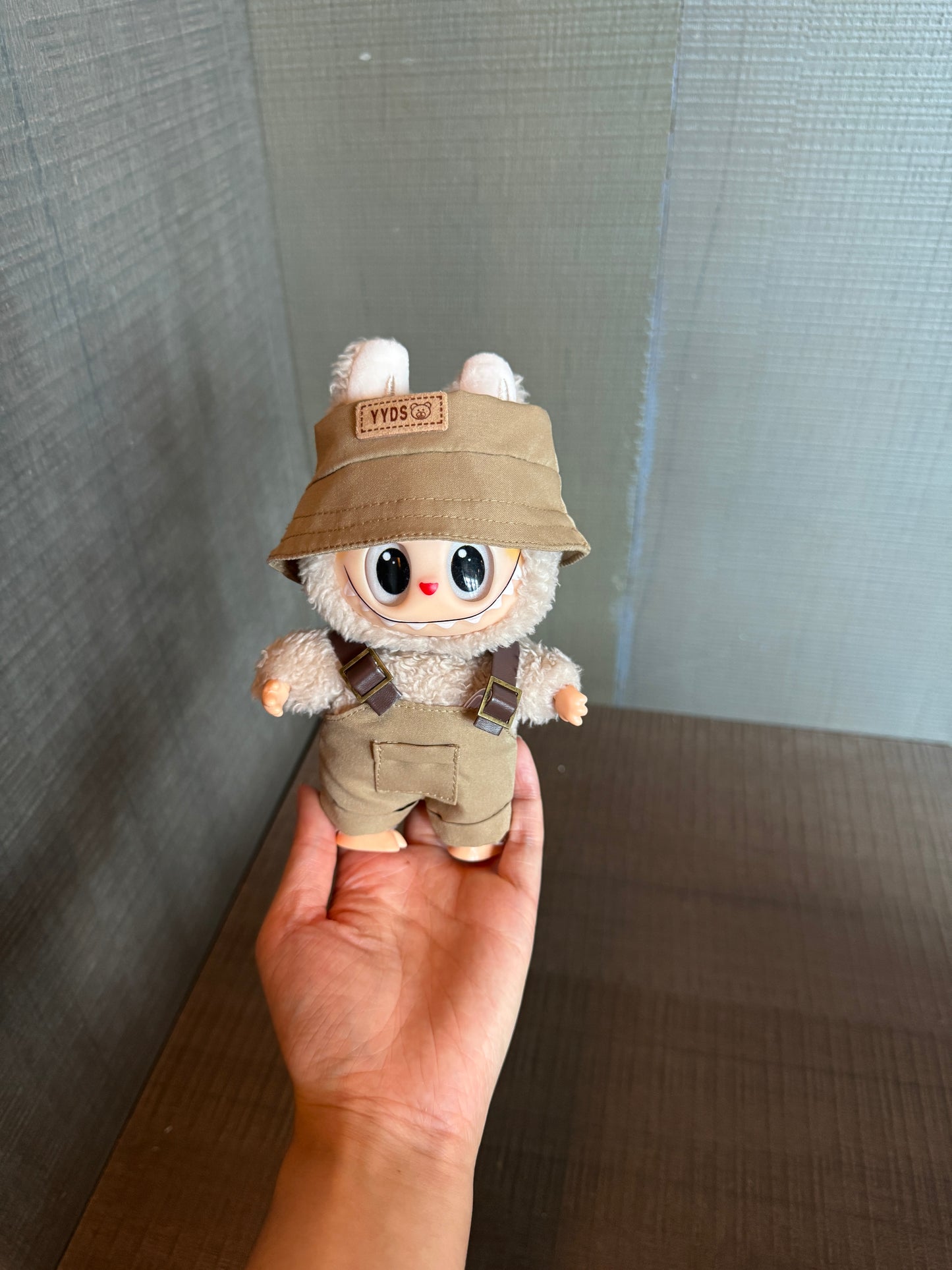 Sea Salt Breeze Set: Coconut Overalls & Bucket Hat for 17cm Labubu (Summer Chill Outfit!)