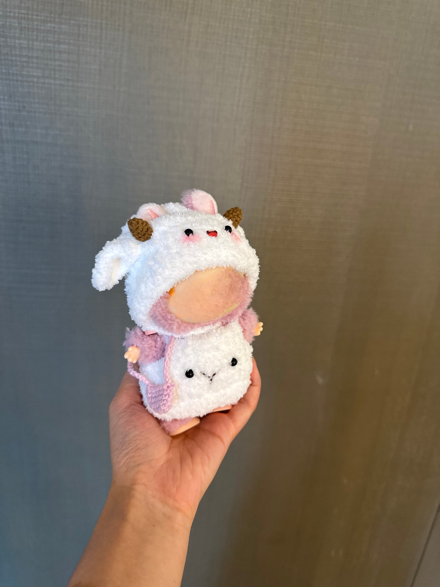 Clothes for Labubu Lamb Knit Set - Hand-Knit Cream Romper + Adorable Sheep Hood (Fits 17cm / 6.69" Dolls)