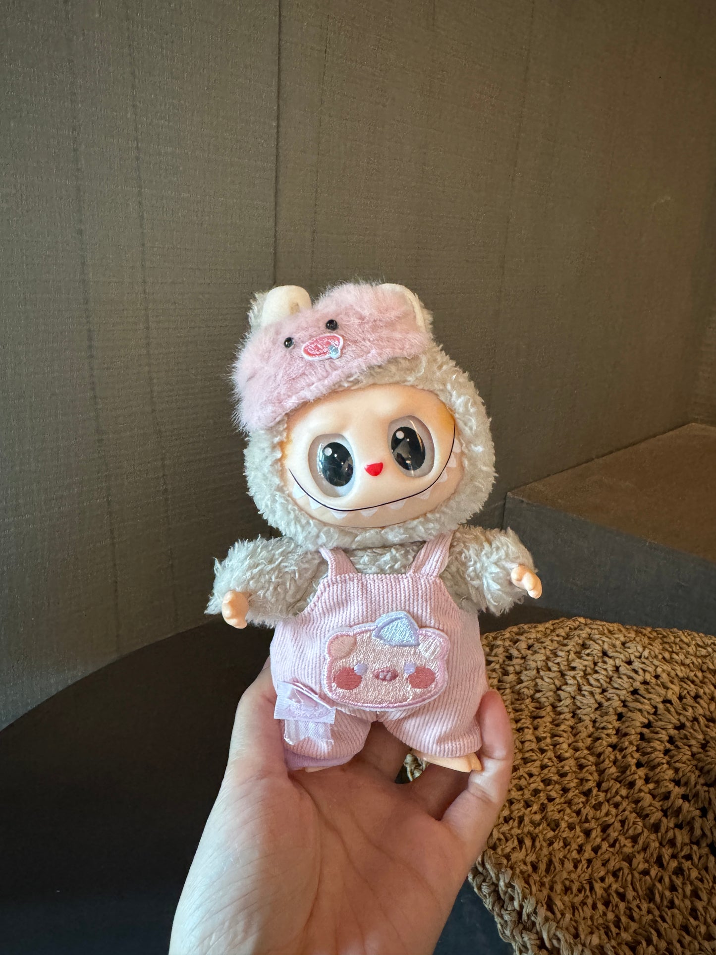 Kawaii Piggy Paradise Set: Plush Pink Hood + Corduroy Overalls for 17cm Labubu