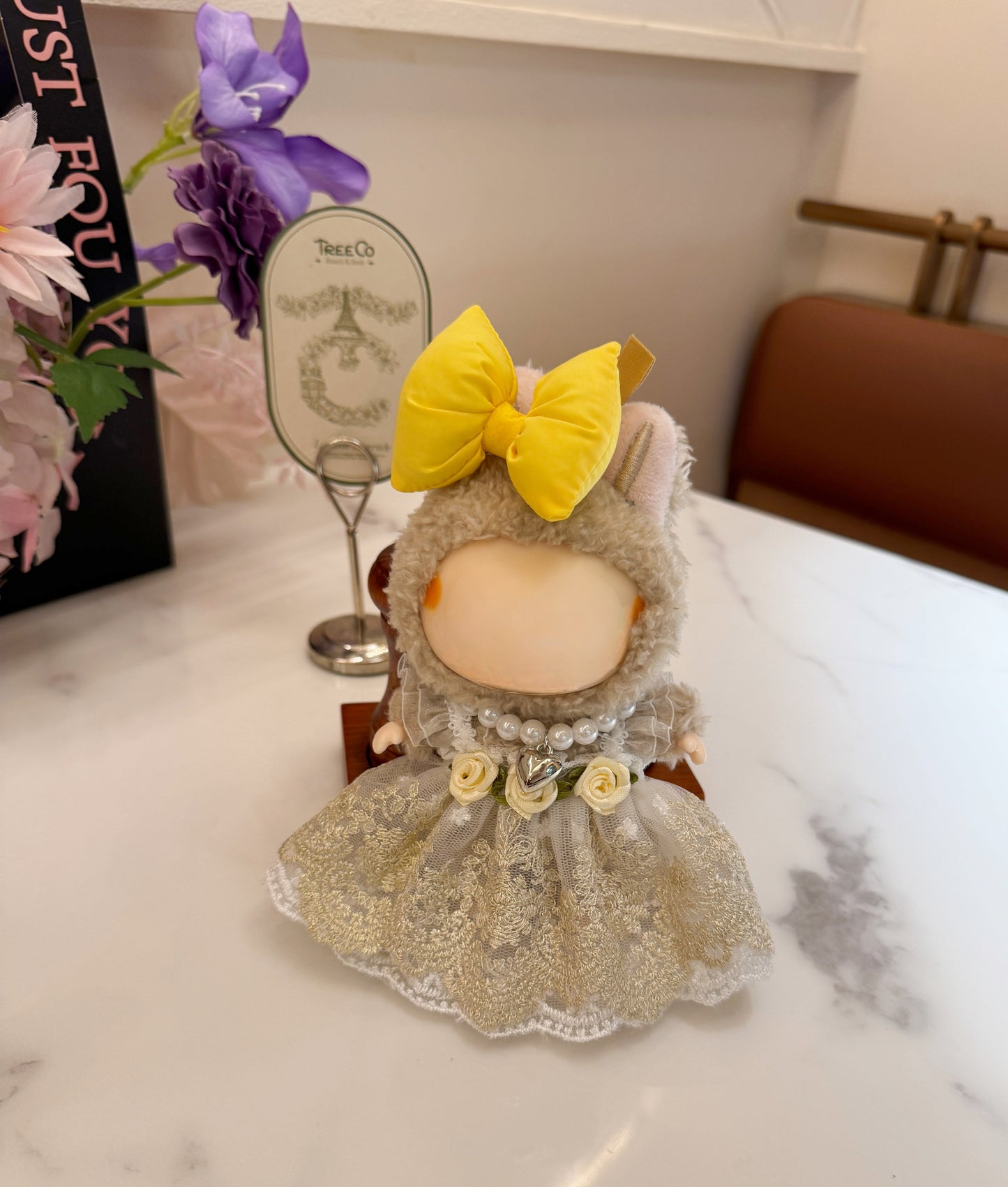 Labubu Sunshine Garden Dress Set - White & Yellow Tulle Puffy Dress, Bow Headband, Pearl Necklace
