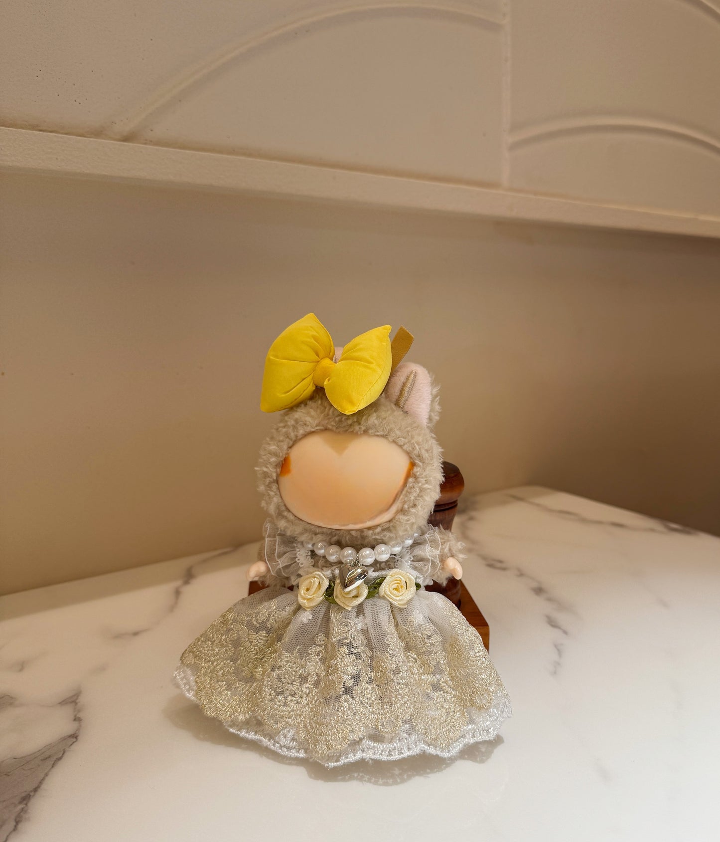 Labubu Sunshine Garden Dress Set - White & Yellow Tulle Puffy Dress, Bow Headband, Pearl Necklace