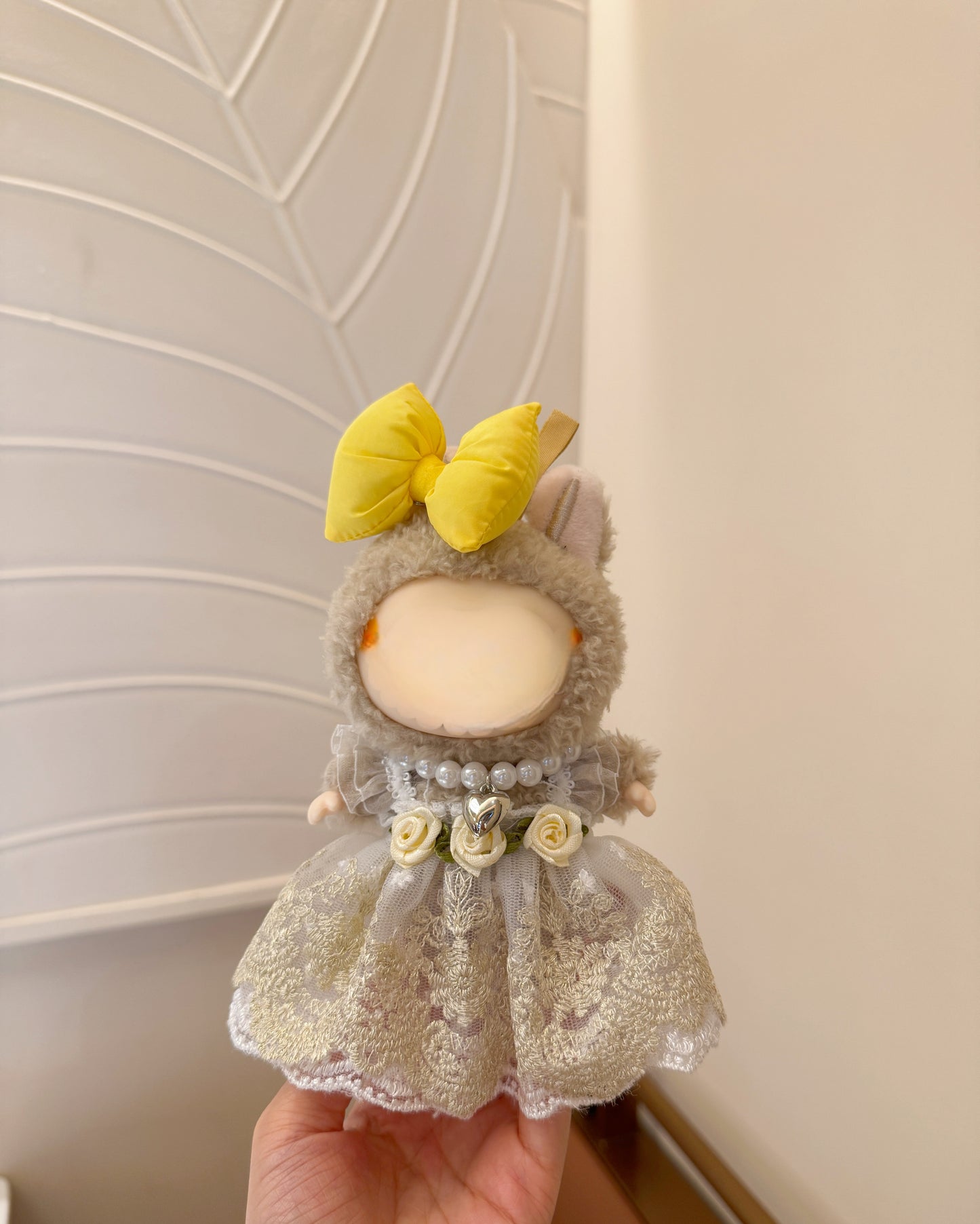 Labubu Sunshine Garden Dress Set - White & Yellow Tulle Puffy Dress, Bow Headband, Pearl Necklace