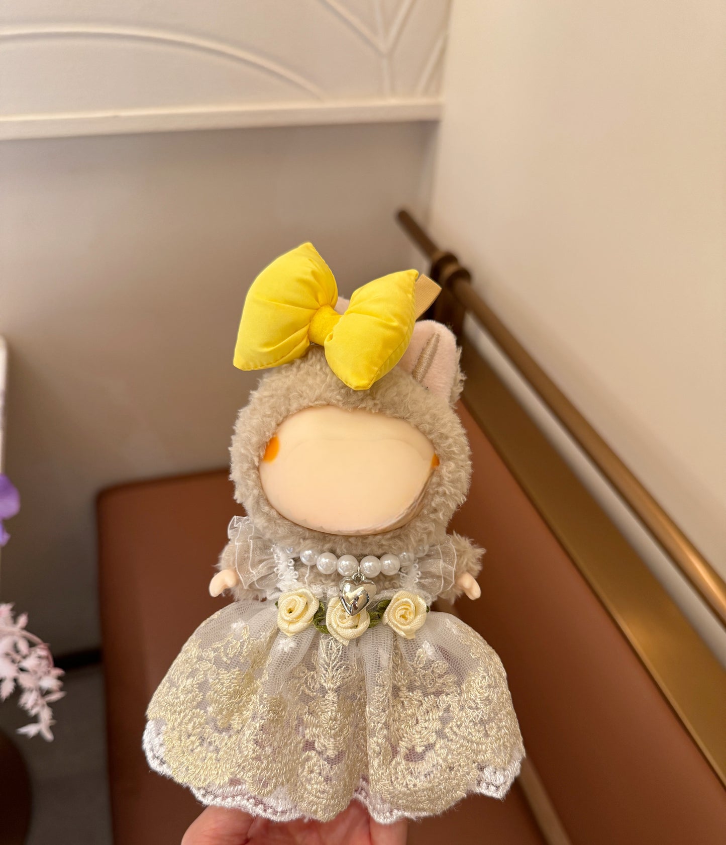 Labubu Sunshine Garden Dress Set - White & Yellow Tulle Puffy Dress, Bow Headband, Pearl Necklace