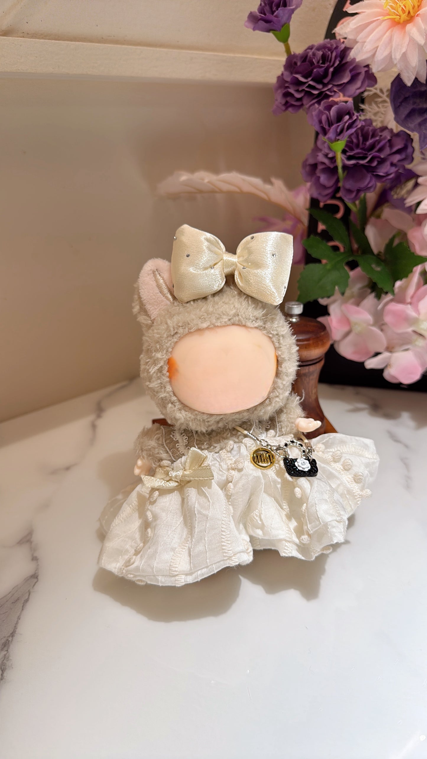 Labubu Princess Puffy Dress Set - White Puff Sleeve Dress, Bow Headband & Mini Quilted Purse