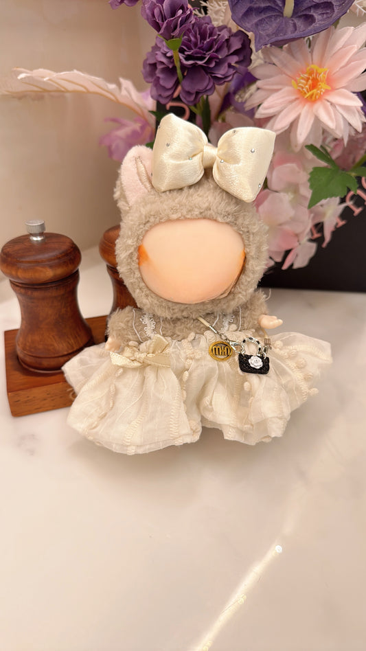 Labubu Princess Puffy Dress Set - White Puff Sleeve Dress, Bow Headband & Mini Quilted Purse