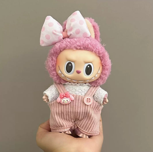 Vintage Sweetheart Set: Pink Corduroy Overalls + Cream Lace Top + Dotty Bow Clip for 17cm Labubu
