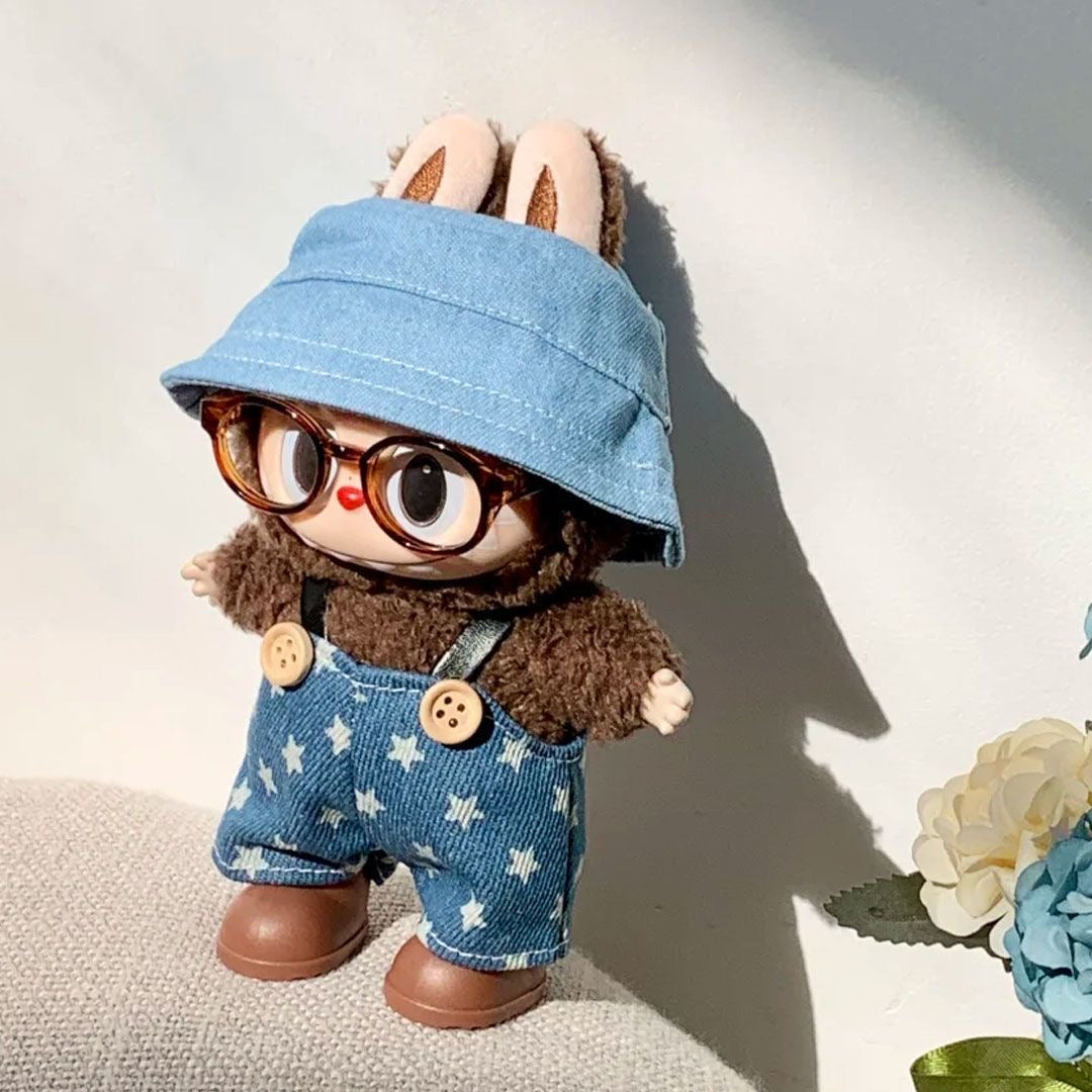 17cm Labubu Denim Overalls Set: Jeans + Shoes + Glasses Chain + Bucket Hat (Doll Clothing and Accessories - Doll Not Included)