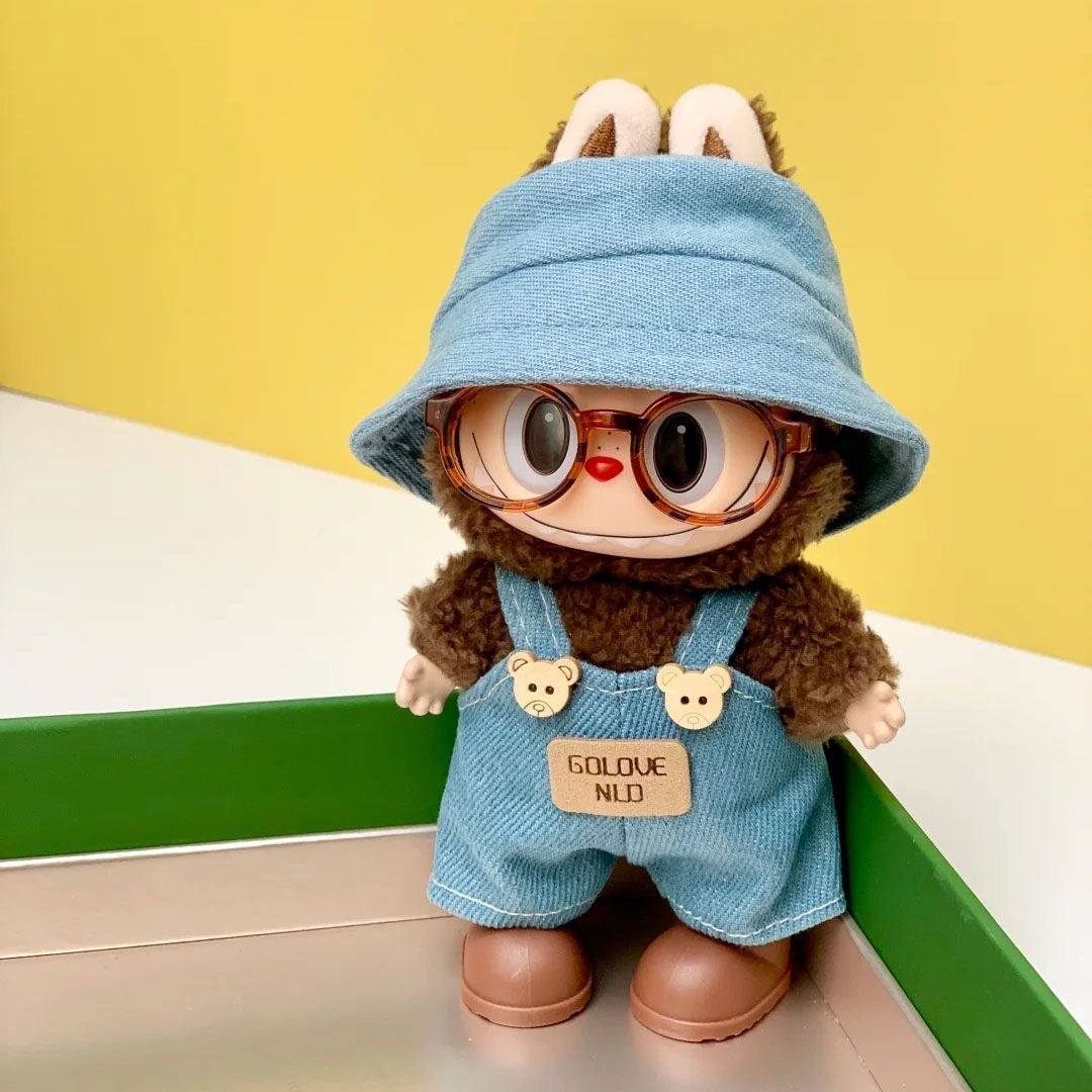 17cm Labubu Denim Overalls Set: Jeans + Shoes + Glasses Chain + Bucket Hat (Doll Clothing and Accessories - Doll Not Included)