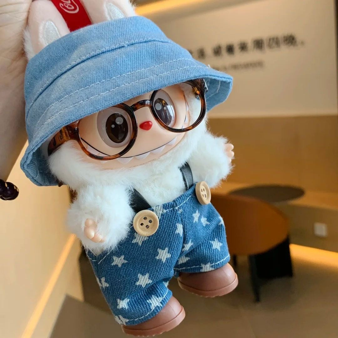 17cm Labubu Denim Overalls Set: Jeans + Shoes + Glasses Chain + Bucket Hat (Doll Clothing and Accessories - Doll Not Included)