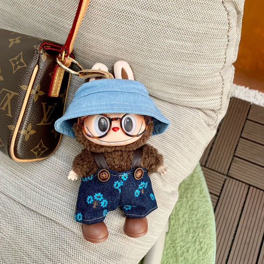 17cm Labubu Denim Overalls Set: Jeans + Shoes + Glasses Chain + Bucket Hat (Doll Clothing and Accessories - Doll Not Included)