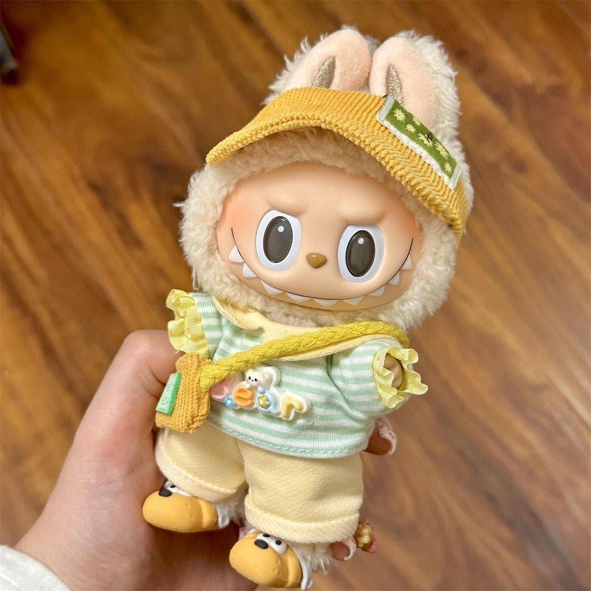 Stripe & Sweet Cream Set: Knit Dress + Trousers + Handmade Bag + Corduroy Hat for 17cm Labubu