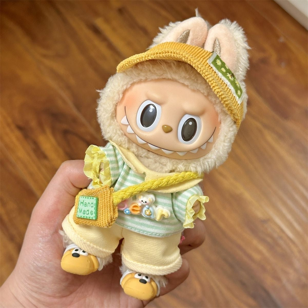 Stripe & Sweet Cream Set: Knit Dress + Trousers + Handmade Bag + Corduroy Hat for 17cm Labubu
